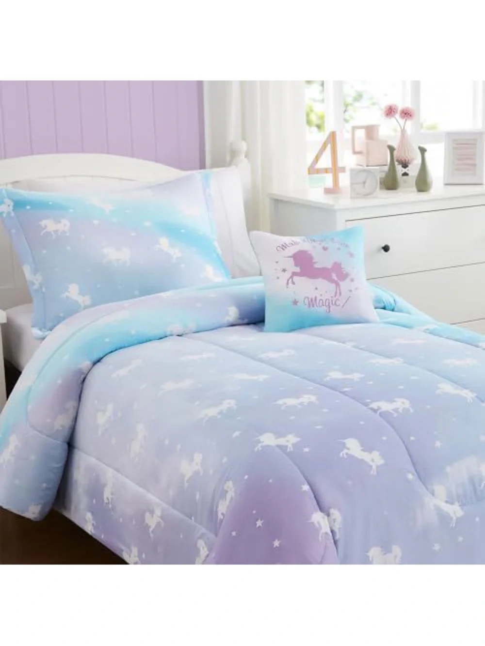 Glow-in-the-Dark Unicorn Twin Comforter Set - Lavender & Light Blue